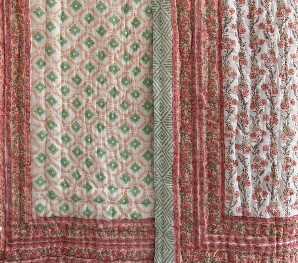 Cotton Razai Quilt — Floral Geometric Peaches & Green (King + Pillow Cases)