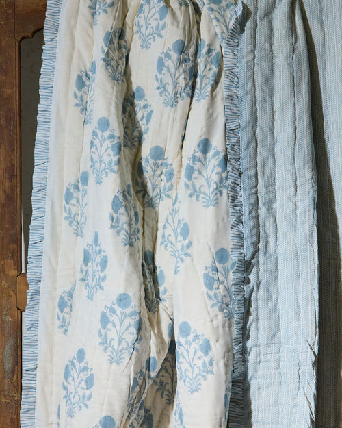 Cotton Razai Quilt — Large Floral, Pale White & Blue (King + Pillow Cases), size King (229 x 274 cm) + 2 Pillow Cases