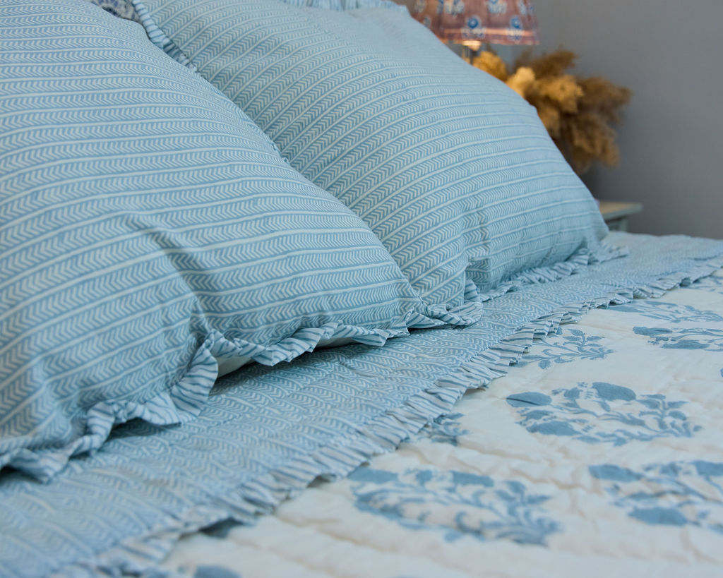 Cotton Razai Quilt — Large Floral, Pale White & Blue (King + Pillow Cases)