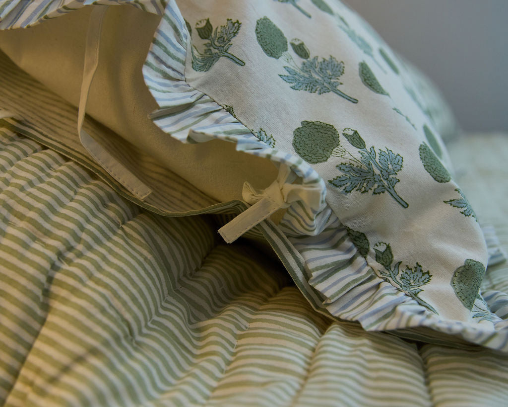 Cotton Razai Quilt — Marigold Motif, Pale Blues & Greens (King + Pillow Cases), size King (229 x 274 cm) + 2 Pillow Cases