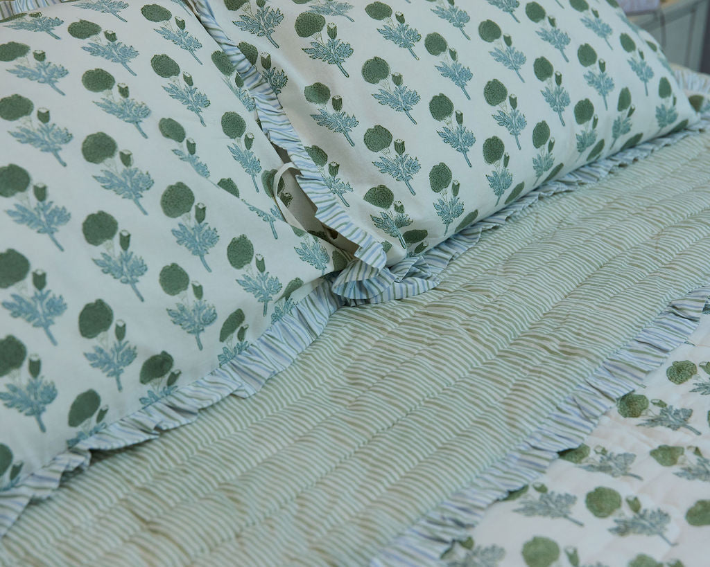 Cotton Razai Quilt — Marigold Motif, Pale Blues & Greens (King + Pillow Cases)