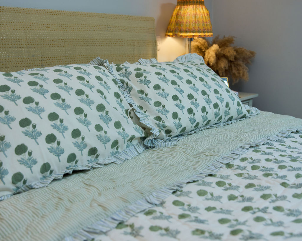 Cotton Razai Quilt — Marigold Motif, Pale Blues & Greens (King + Pillow Cases)