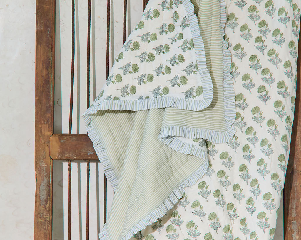 Cotton Razai Quilt — Marigold Motif, Pale Blues & Greens (King + Pillow Cases)