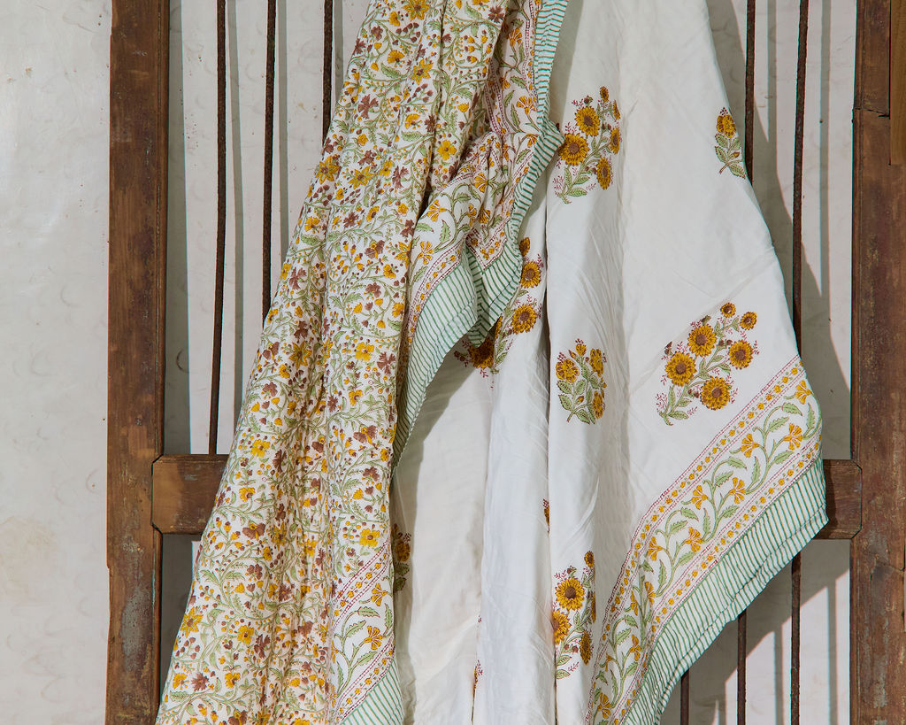 Cotton Razai Quilt — Floral Brown Green Yellow (King + Pillow Cases), size King (229 x 274 cm) + 2 Pillow Cases