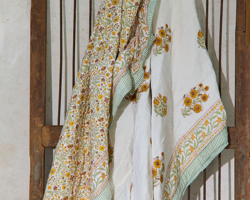 Cotton Razai Quilt — Floral Brown Green Yellow (King + Pillow Cases), size King (229 x 274 cm) + 2 Pillow Cases