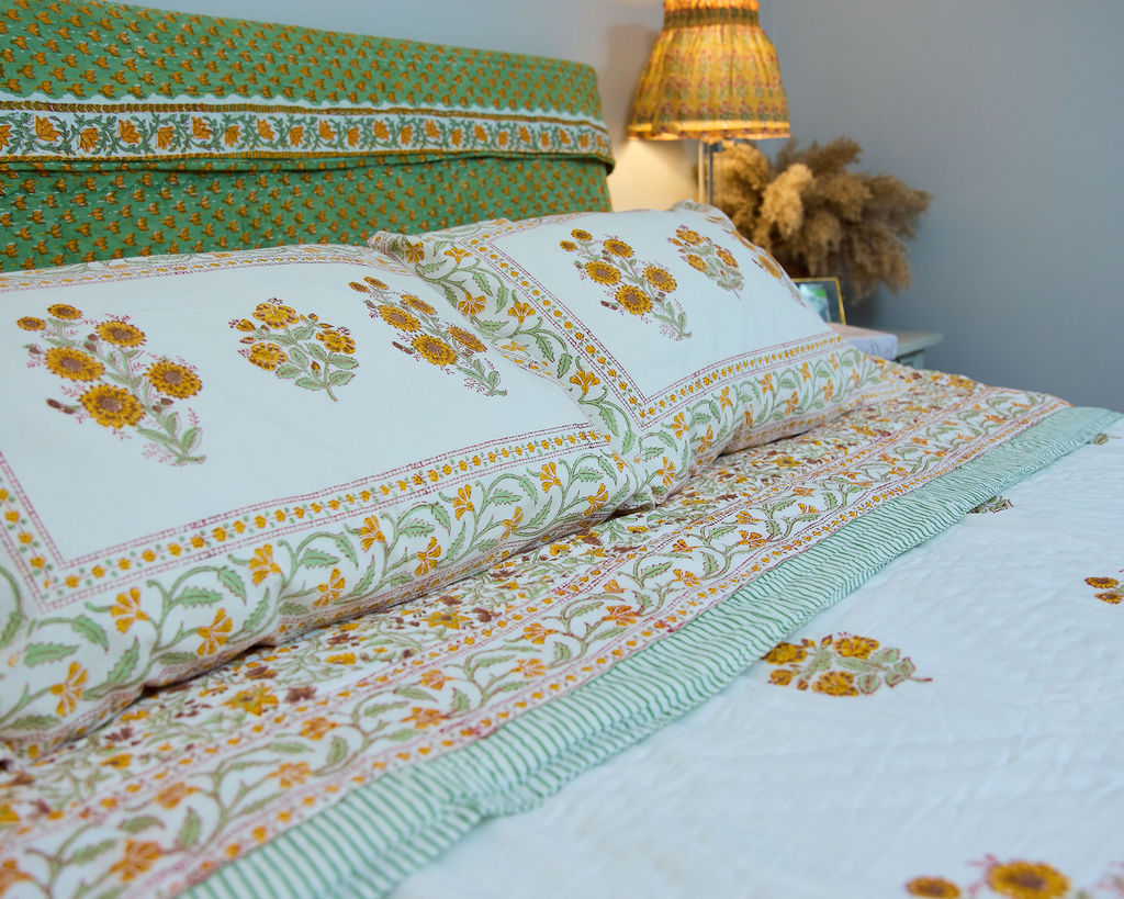 Cotton Razai Quilt — Floral Brown Green Yellow (King + Pillow Cases)