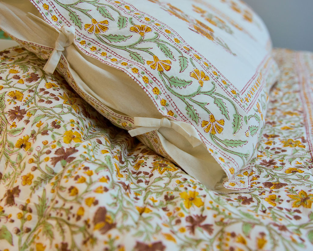 Cotton Razai Quilt — Floral Brown Green Yellow (King + Pillow Cases)