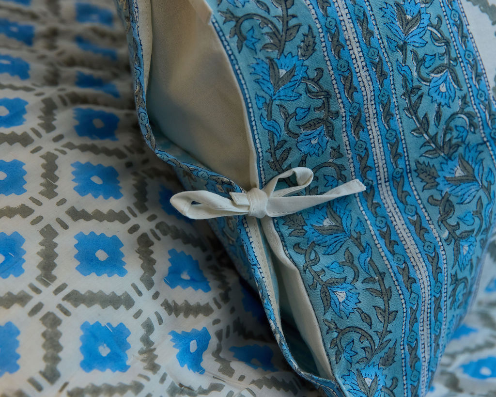 Jaipuri Razai Quilt — Floral Geometric Blues (King + Pillow Cases)