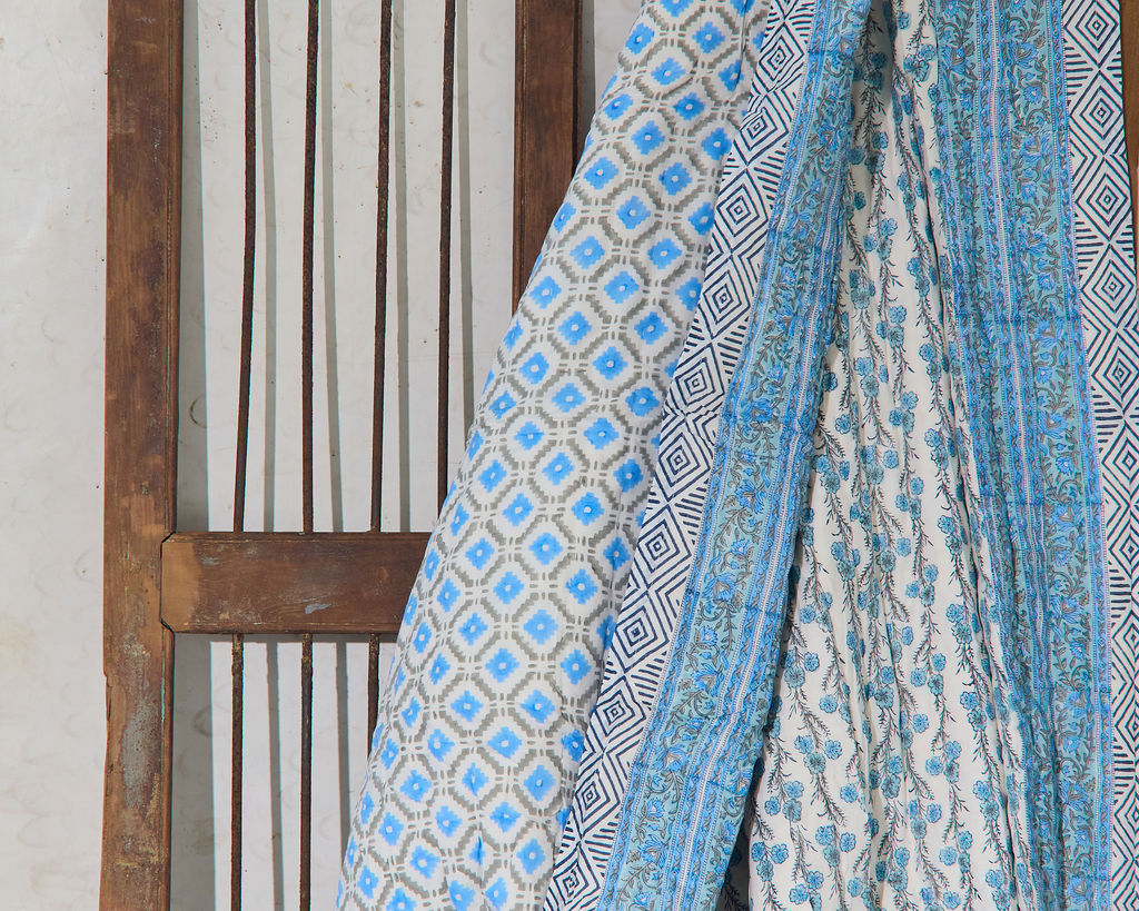 Jaipuri Razai Quilt — Floral Geometric Blues (King + Pillow Cases)