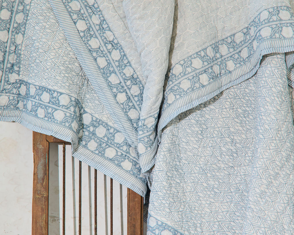 Jaipuri Razai Quilt — Leaf Blue (King + Pillow Cases), size King (229 x 274 cm) + 2 Pillow Cases
