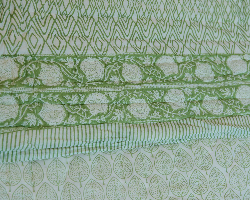 Jaipuri Razai Quilt — Leaf Green (King + Pillow Cases), size King (229 x 274 cm) + 2 Pillow Cases