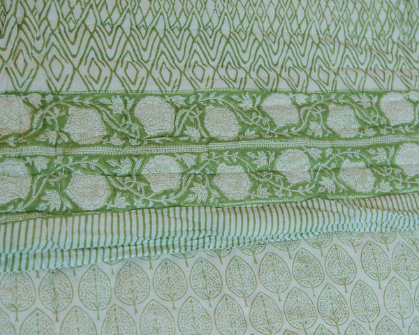 Jaipuri Razai Quilt — Leaf Green (King + Pillow Cases), size King (229 x 274 cm) + 2 Pillow Cases