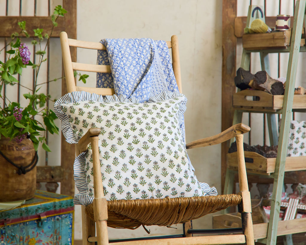 Spring 26 Cushion — Floral Grey Frill (Feather Filled), 45 x 45 cm