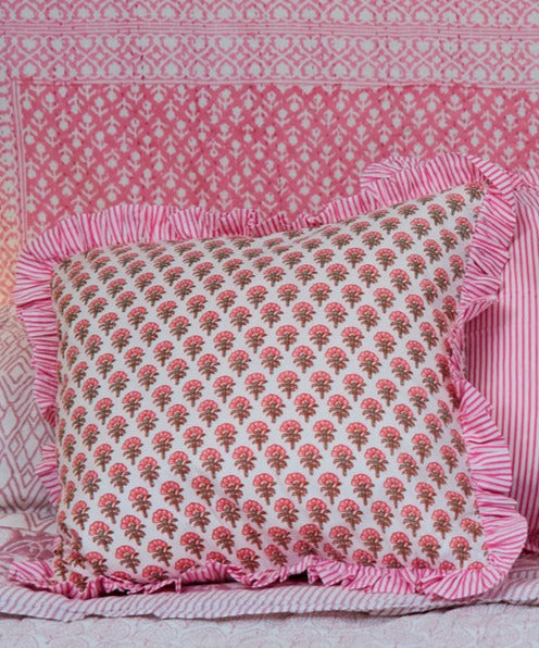 Spring 26 Cushion — Floral Mix Pink Frill (Feather Filled), 45 x 45 cm