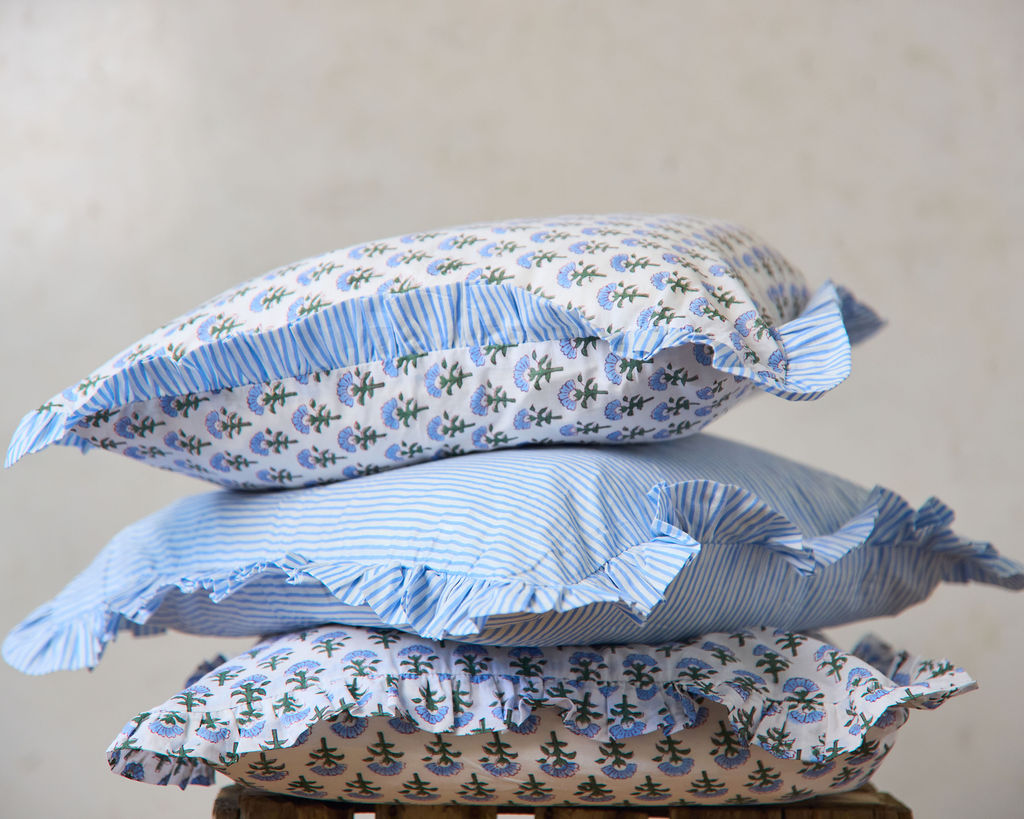 Spring 26 Cushion — Floral Pale Blue Frill (Feather Filled), 45 x 45 cm