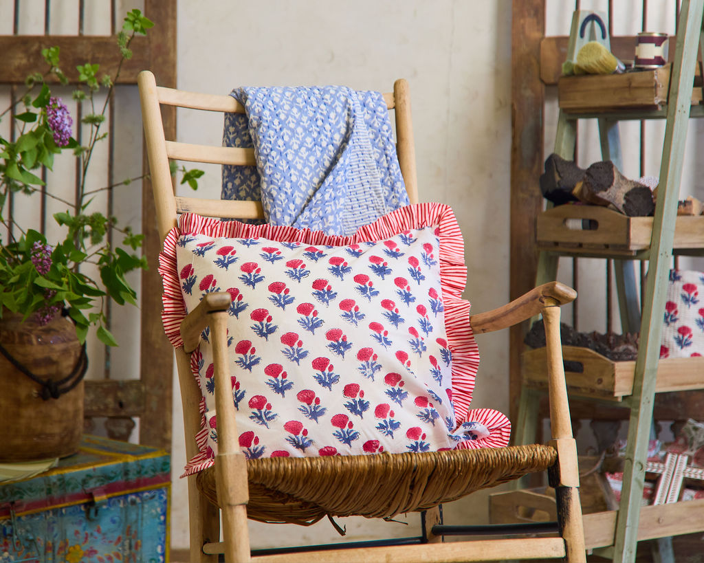 Spring 26 Cushion — Floral Red/Blue Frill (Feather Filled), 45 x 45 cm