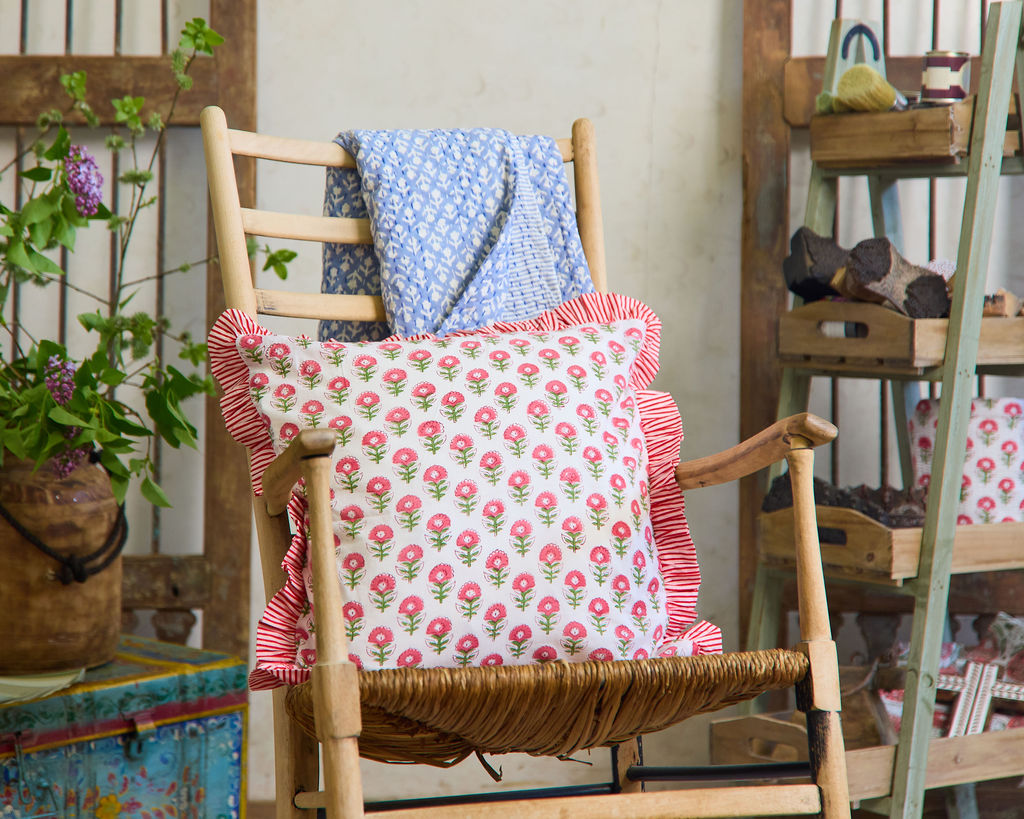 Spring 26 Cushion — Floral Red Frill (Feather Filled), 45 x 45 cm