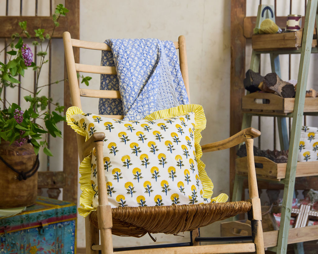 Spring 26 Cushion — Floral Yellow Frill (Feather Filled), 45 x 45 cm