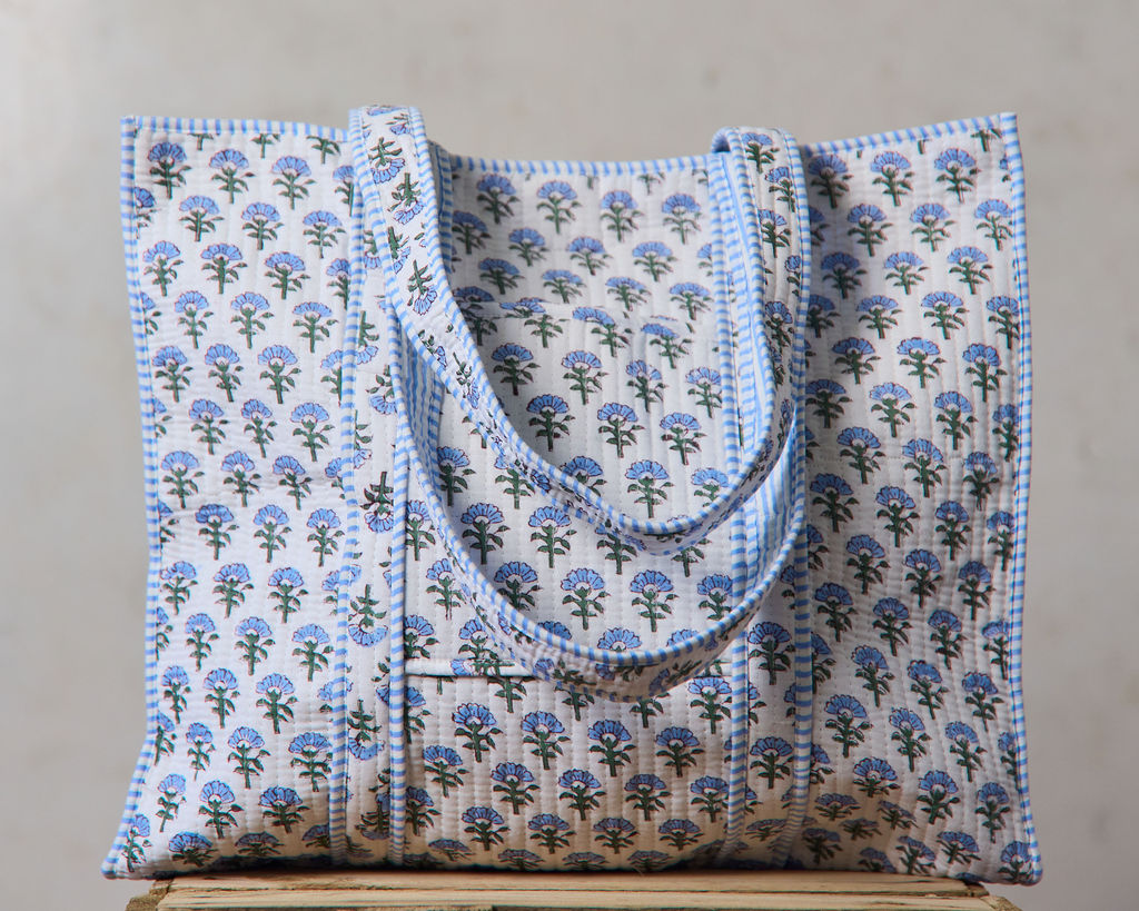 Spring 26 Quilted Tote Bag — Floral Mix Blue Frill, L18" x W5.5" x H18"