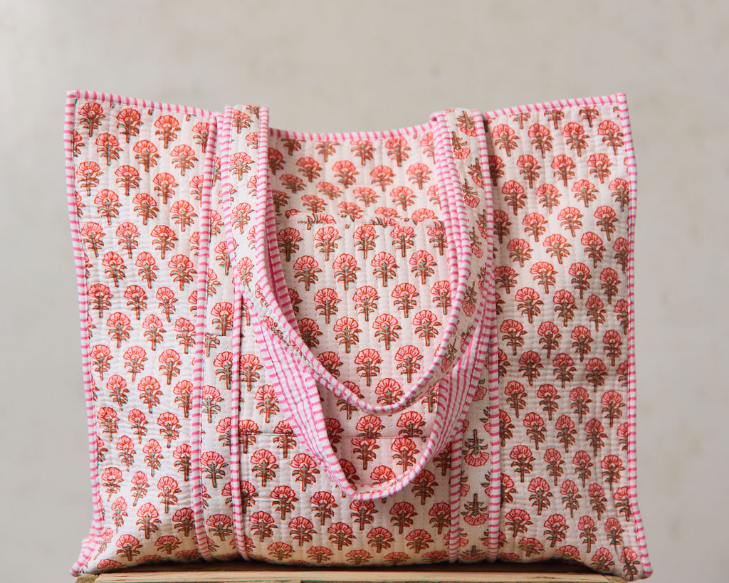 Spring 26 Quilted Tote Bag — Floral Mix Pink Frill, L18" x W5.5" x H18"